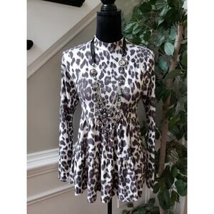 Carole Christian Blouse Top Womens Medium White Leopard Print Tiered Hem Stretch
